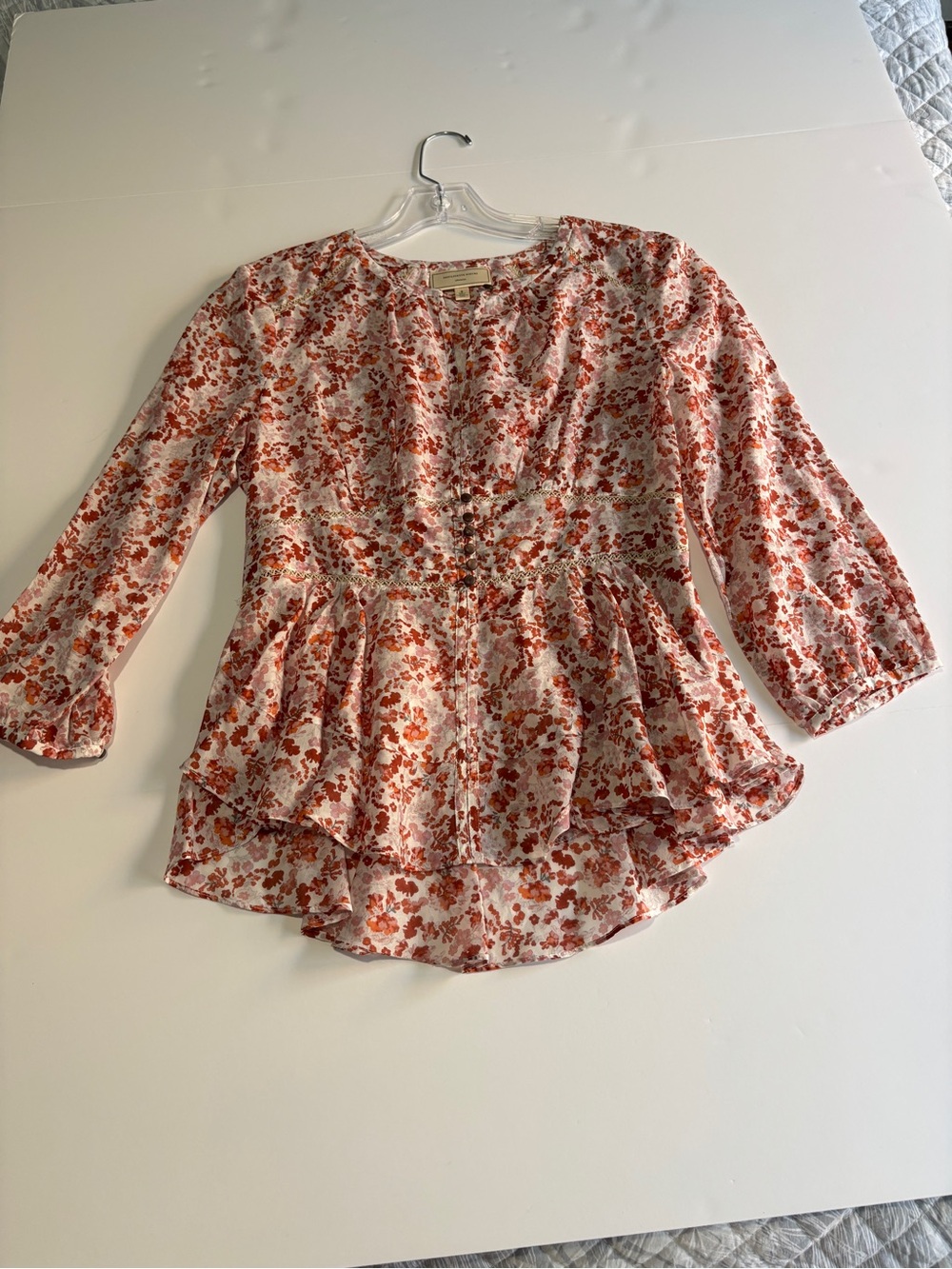 Moulinette Soeurs Floral Peplum Blouse Crochet Lace Trim Cotton Silk - Size 8